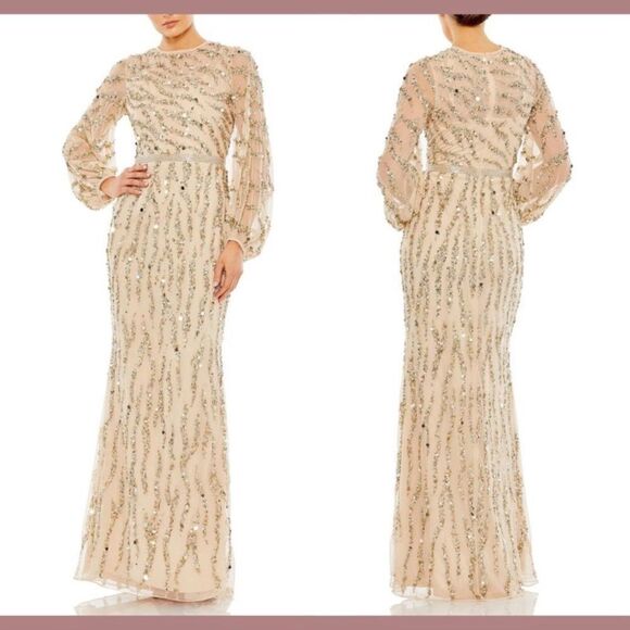 Mac Duggal Bishop sleeve embellished dress 93789 Nude Gold Size 16 NWT